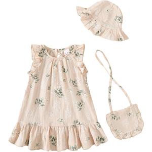 SODLON Baby Girl Dress Summer Clothes Infant Floral Boho Dresses Ruffle Linen Toddler Girls Casual Sundress with Hat and Bag (Beige)