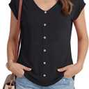 LYANER Women's V Neck Button Blouse Cap Sleeve Work Shirt Office Dressy Tee Shirt Tops (L)