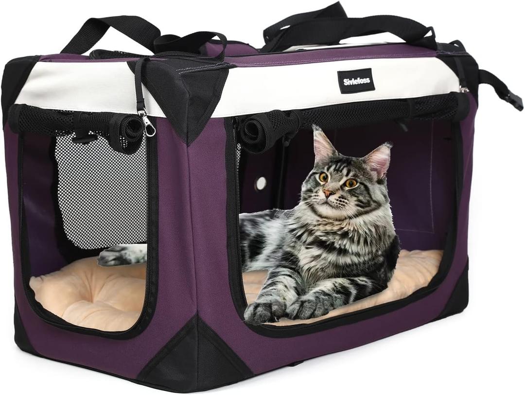 Large Cat Carrier, Collapsible Dog Travel Crate Portable Soft-Sided Pet Carrier with Super Soft Warm Plush Mat for Indoor and Outdoor 20x14x14in, Purple (Medium)