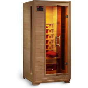 HEATWAVE Buena Vista 1-2 Person Hemlock Low EMF Infrared Wood Sauna for Home & Indoor Relaxation  With 3 Ceramic Heaters, Chromotherapy Lighting, Tempered Glass Door, Built-In Stereo Sound System
