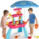 Kids Sand Water Table for Toddlers with Umbrella/Water Pumb, 3-Tier Outdoor Water Sand Play Table Beach Toys, Summer Splash Activity Sensory Table Party Birthday Gift for Kids 3 4 5 6 7 8(Red)
