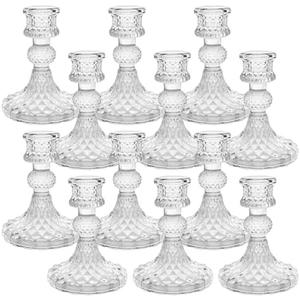 Sudifor Candlestick Holders Set of 12-4" H Crystal Taper Candle Holders, Thick Glass Candle Stand with Diamond Pattern for Table, Wedding, Party, Church Decoration, Home Decor