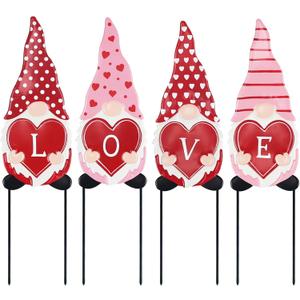 hogardeck Valentines Day Decorations Outdoor, 4 Pcs Metal Gnomes Decorative Garden Stakes for Valentines Day Decor, Yard Sign with Love Garden Decor for Home Outside Lawn Porch Anniversary Wedding (Red)