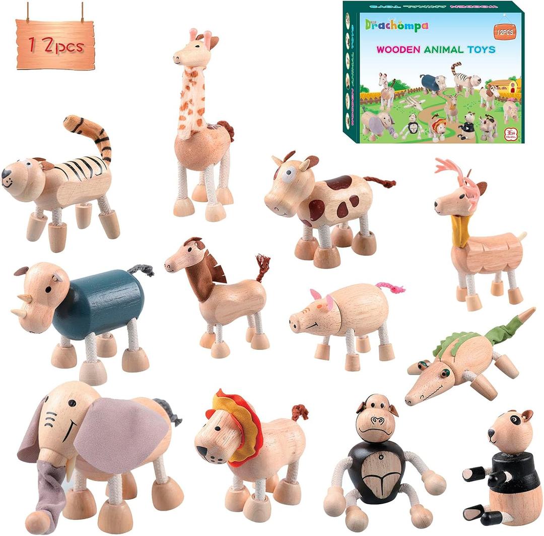 12PCS Bendable Wooden Animal Toys, Fun and Posable Animal Toys Figures for Early Education, Safari Wood Toy for Kids, Smooth Natural Wood, Wood Animal Learning Toy for Children (12 Pack Zoo)