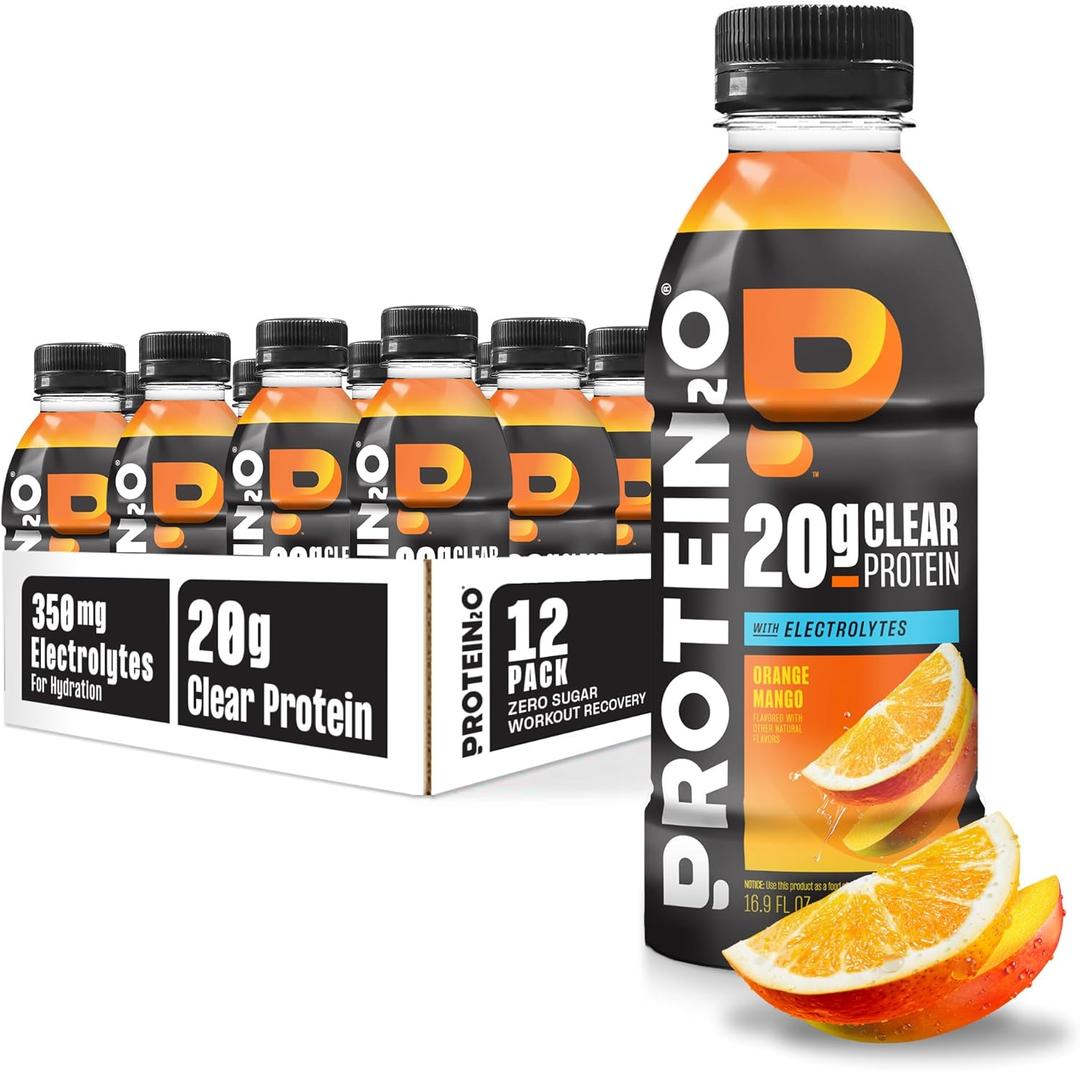 Protein2o Hydration Drink - 2-in-1 Liquid Clear Whey Protein Isolate and Electrolyte Drink - 20g Protein, Vitamins B5, B6 - Post-Workout Recovery - 16.9 Fl Oz - 12 Count Orange Mango