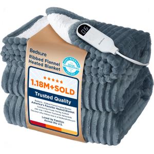 Bedsure GentleSoft Electric Blanket Twin - Soft Ribbed Flannel Heated Blanket, Heating with 6 Time Settings (Up to 10H), 6 Heat Settings & 8Hr Timer Auto Off, Gifts for Grandma (62x84 inches, Grey)
