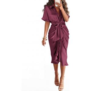 BTFBM Dresses for Women Summer Button Short Sleeve Silk Satin Ruched Spring Maxi Dress 2026 Cocktail Party Wedding (Pink, M)
