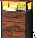 Yoobure Night Stand with Charging Station, 16 Colors LED Nightstand with USB Ports and Outlets, End Table with 3 Fabric Drawers and Storage Shelf, Bedside Tables Small Dresser for Small Space, Brown