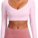 CRZ YOGA Butterluxe Double Lined Long Sleeve Yoga Shirts for Women V Neck Cropped Casual T-Shirt Tight Crop Fitted Tops (Medium, Pink Peony)
