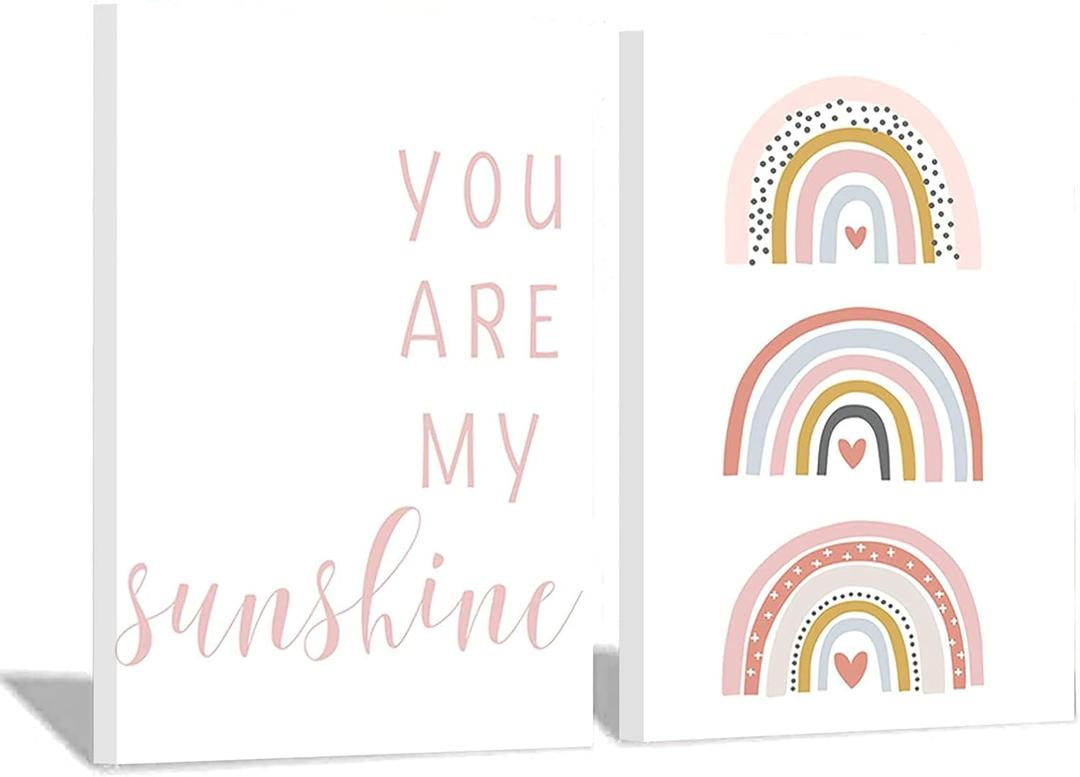 Kids Room Wall Decor You Are My Sunshine Nursery Pictures Pink Rainbow Heart Cute Posters Picture Boho Minimalist Art Canvas Prints For Baby Kids Room Nursery Decor 12*16 Inch Unframed (12*16 inch Unframed)