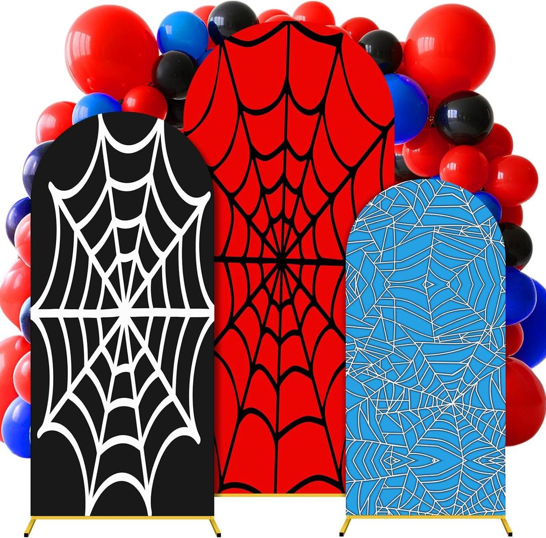 Tingjoo 3 Pcs Spider Web Arch Backdrop Cover Set 4Ft 5Ft 6Ft Spider Birthday Party Decorations Polyester Arch Stand Cover for Photo Props Cosplay Wedding Baby Shower Backdrop Decor