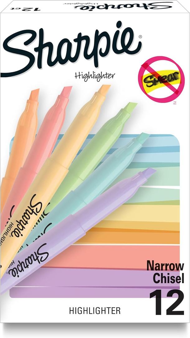 Sharpie Pocket Highlighters, Mild Pastel Colors, Assorted, Chisel Tip, 12 Count - School, Home, and Office Use, Teacher Supplies