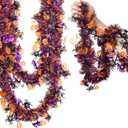 33ft Halloween Tinsel Garland Decor with Funny Pumpkin Black Spider Purple Bats Metallic Twist Garland Wire Hanging Decorations for Home Tree Fireplace Mantle Indoor Outdoor Party
