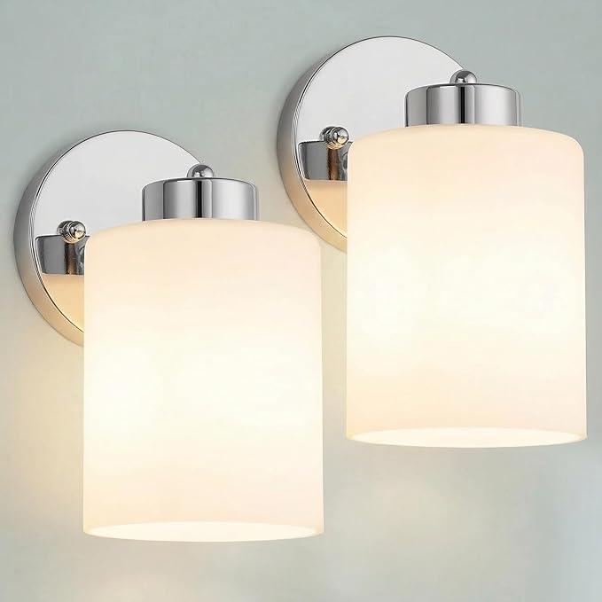 Frosted Wall Sconce Set of Two, Chrome Sconce Bathroom Lighting, Modern Chrome Vanity Light, Mid-Century Vanity Sconces for Bathroom, Living Room,Kitchen