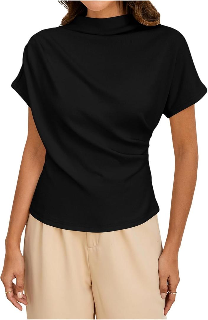 SweatyRocks Women's Casual Short Sleeve Mock Neck Tee Top Asymmetric Ruched Plain T Shirt (X-Large, Black)