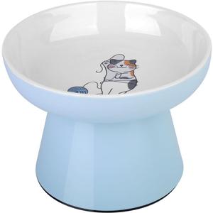 Raised Cat Food Bowl Ceramic Elevated Cat Bowl for Whisker & Neck Fatigue,Non-Slip & Anti Vomiting Pet Feeder for Kittens to Adult Cats and Small Dogs,Dishwasher Safe(Blue)