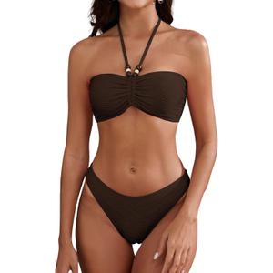 ZAFUL Women's Halter Bandeau Bikini Beaded Tie Back String Bikini Set Push Up Two Piece Swimsuit Bathing Suits (Large, 1-deep Brown)