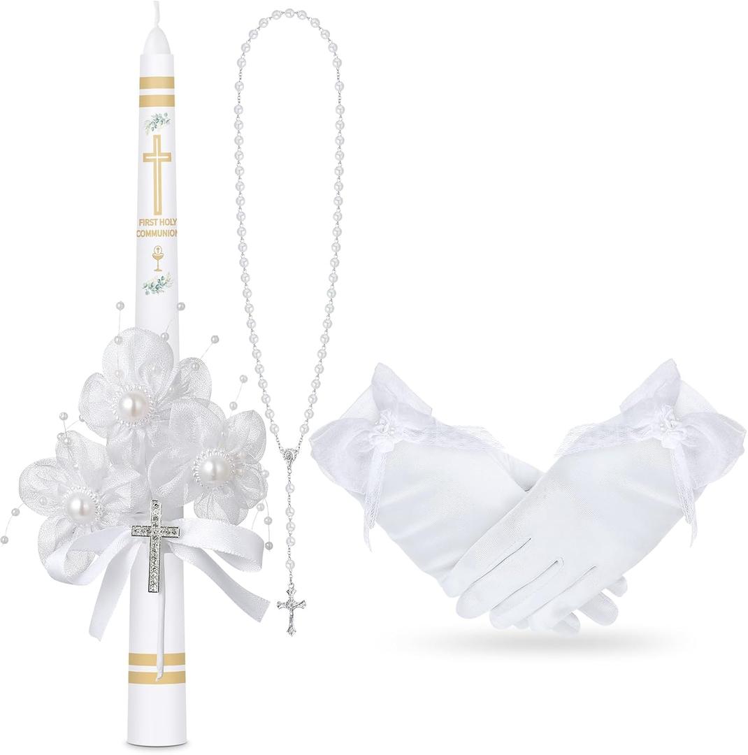 Conelist 3 Pcs First Holy Communion Candle Set for Girls Baptism Taper Candle with Rosary Beads Catholic Necklace Satin Gloves Gifts for Christenings Confirmation Favor Vela para Primera Comunion