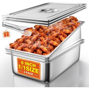 WantJoin Steam Table Hotel Pans with Lid 1/1 Full Size 6 Inch Deep 3 Pack, Stainless Steel Metal Tray Sets Food Storage Container, Commercial Restaurant Chafing Dishes Buffet Warmer Catering Supplies