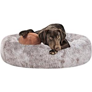 Coohom Oval Calming Donut Cuddler Dog Bed,Shag Faux Fur Cat Bed Washable Round Pillow Pet Bed(30"/36"/43") for Small Medium Dogs (L(30"x24"x8"),Light Brown)