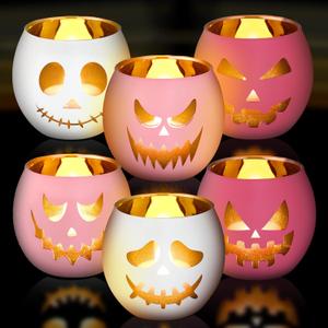 6 Pcs Pink Ghost Halloween Centerpieces Decor Votive Candle Holder Glass Pink and White Jack O Pumpkin Votive Holder Flameless Candles with 6 Laser Engraving Patterns for Party Decor