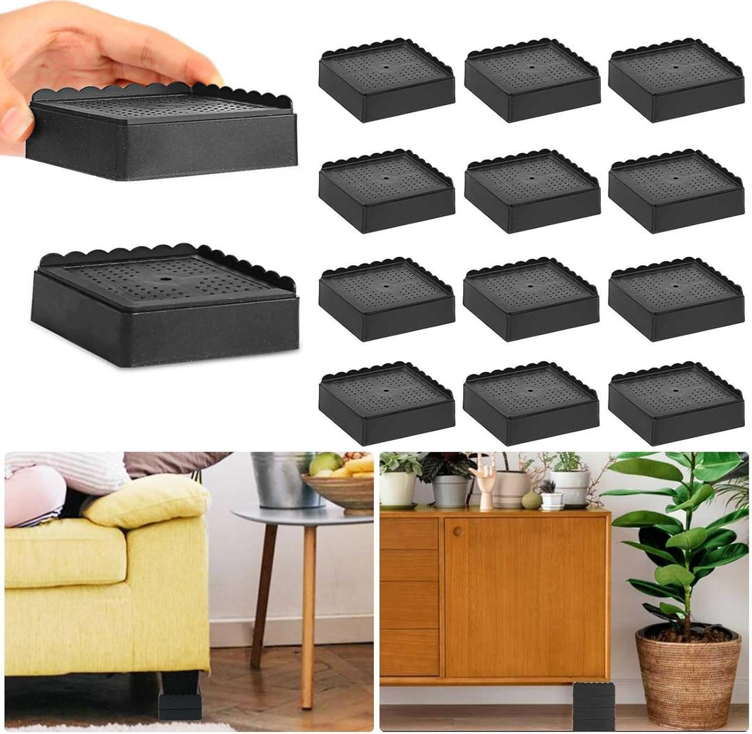 Bed Risers 1 inch, 2 inch, 3 inch, 4 inch Heavy Duty, Adjustable Furniture Riser for Table Desk Couch Sofa Chair Recliner Leg Frame Dorm, Stackable Bed Raisers Blocks (Black 12 Pack, 1 inch)