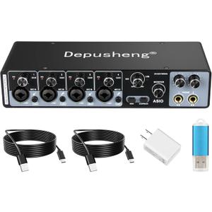 Depusheng USB Audio Interface with ASIO Drivers, 24Bit 192Khz, Phantom Power +48v, Low Latency for Home Studio Recording, PC/MAC Compatible (4 CHANNEL)
