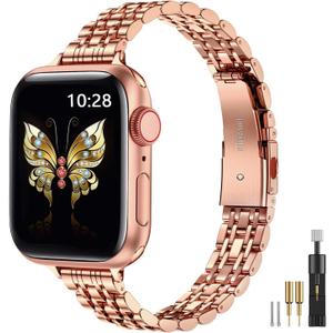 MioHHR Slim Metal Band Compatible with Apple Watch Band 42mm(Series 10) 41mm 40mm 38mm,Dressy Stainless Steel Chain Strap for Women iWatch Bands Series 9 8 7 6 5 4 3 2 1 SE,Rose Gold