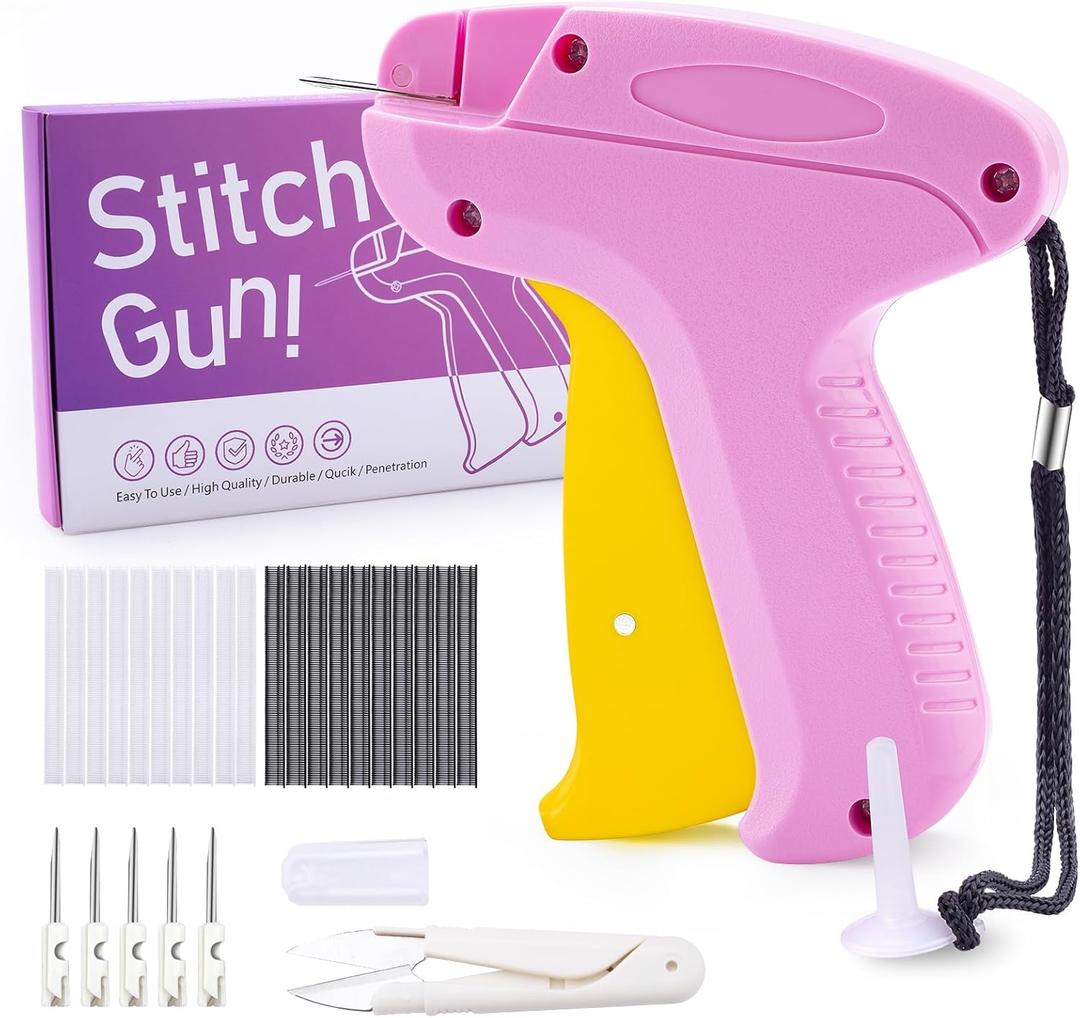 Stitch Gun for Clothes, Stitchy Quick Clothing Fixer, Micro Tagging Gun for Clothing, Mini Sticky Sewing Gun, Stichy Fix Gun, Includes 6 Needles, 1 Scissors, 2000 Black & 2000 White Fasteners (Pink Yellow)