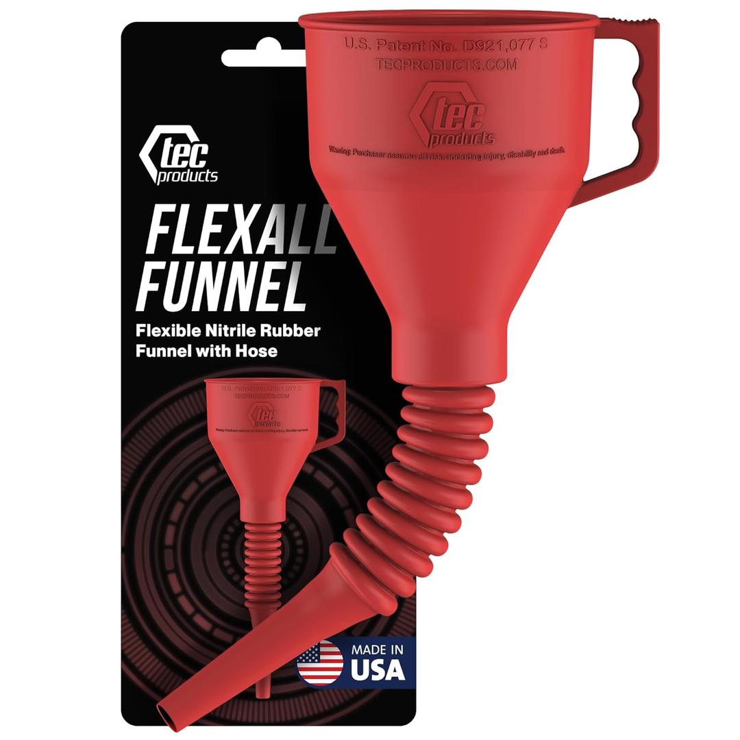FlexAll Long Flexible Funnel for Automotive Use - Durable Nitrile Rubber - Ideal for Car Oil Change, Transmission Funnel Fluid, Diesel, Fuel, Gas - Made in USA - Red (12 x 4 Inches) (Small)