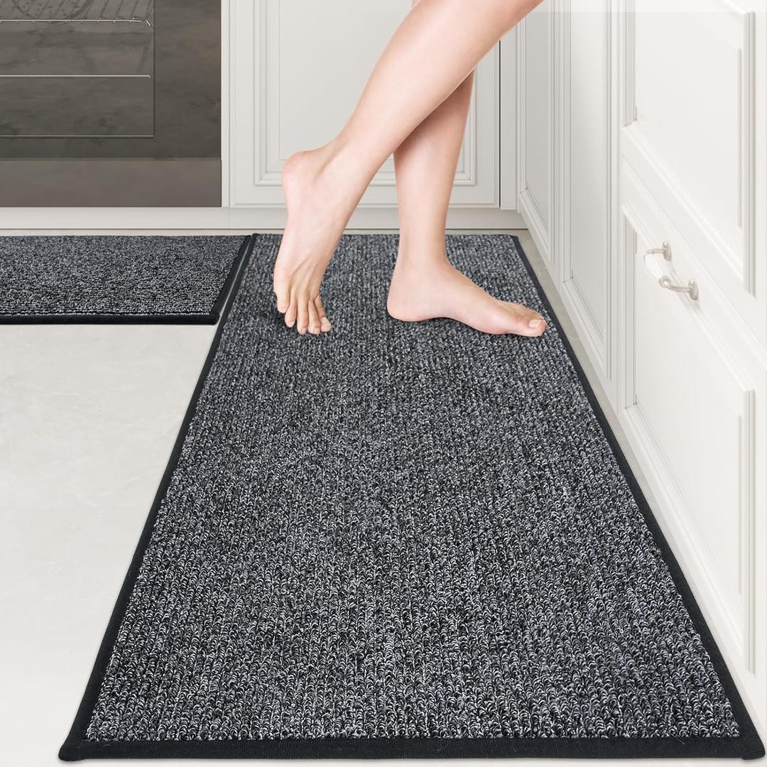 PURRUGS Machine Washable Kitchen Rug Set [2 PCS] (17" x 30"+ 17" x 48"), Non-Slip/Skid Kitchen Runner Rugs & Floor Mats, Super Absorbent Soft Area Rugs for Sink, Kitchen & Laundry, Charcoal