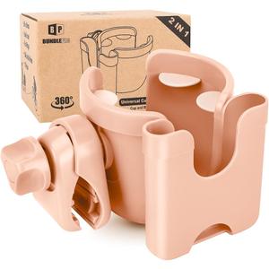 Universal Stroller Cup Holder with Mobile Phone Case, 2-in-1 Strollers Storage Rack, 360 Degrees Rotation Drink Holder for Bike, Pushchair, Wheelchair, Walker, Bicycle, Fits Most Cups (Pink)