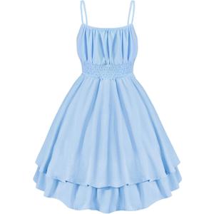 EXARUS Girls Flowy Ruffled Hem Formal Dresses Puff Sleeve/Spaghetti Strap/Halter Smocked Dress Casual Mini 6-14Y (10 Years)