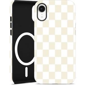 Jusy Compatible with MagSafe Checkerboard Phone Case for iPhone XR, Cute Aesthetic Checkered Magnetic Soft TPU and Hard PC Protective Phone Cover for Women Girls (Matte） Beige