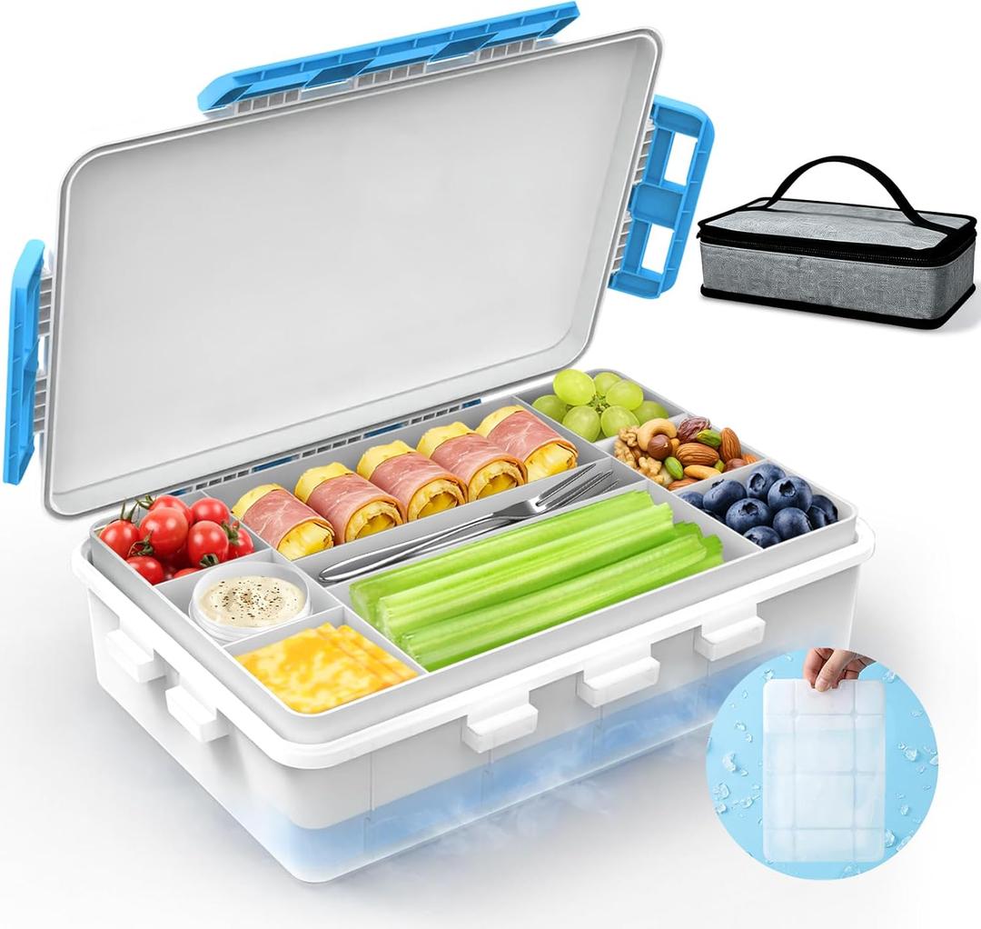 Chilled Snack Box Container with Ice Pack, Portable Travel Food Containers with Lids, Keep Cheese and Fruits Remained Fresh for Hours, Divided Serving Tray for Family Road Trip Beach Picnic(White)