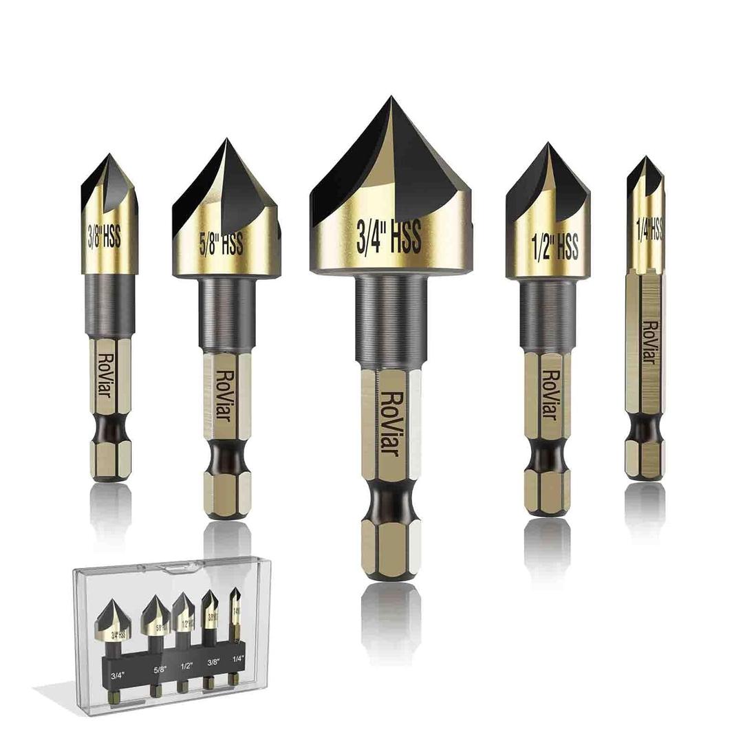 RoViar Countersink Drill Bit Set, 5-Piece HSS High Speed Steel Bits 1/4" 3/8" 1/2" 5/8" 3/4" Hex Shank for Wood Metal Deburring Chamfering, Gold Black Finish