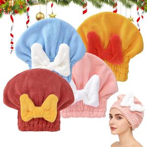 2 x Microfiber Hair Drying Caps, Christmas Absorbent Hair Towel Wrap for Women Wet Hair Quick-Drying Hair Towels, Soft Bow Tie Wet Hair Towel Wrap for Party Favors Goody Bag Filler (4 PCS)