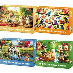 4 Packs 100 Piece Puzzles for Kids Ages 4-6 6-8 8-10, Dogs Cats Farms Birds Educational Jigsaw Puzzles, Kids Puzzles 5-8 Gifts for Girls Boys Adults Seniors 15x11in