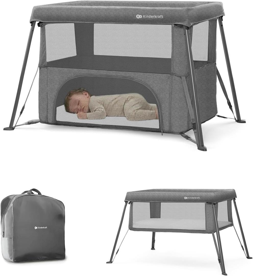 Kinderkraft CAMI 3-in-1 Baby Bed, Travel Bed for Baby, from Birth to 3 Years, Baby cot, Travel cot, Easy to Fold Compactly, Travel Bag Included, Two Levels, Gray