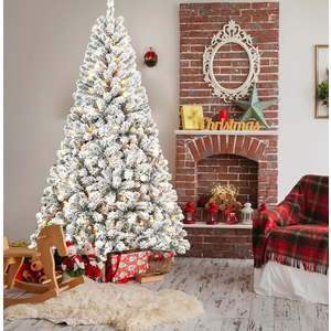 5FT Pre-Lit Flocked Christmas Tree with 150 Warm White Lights, Full White Christmas Tree with Premium PVC Branches,Realistic Snowy Look, Indoor Fake Snow Xmas Tree for Home Office Shops