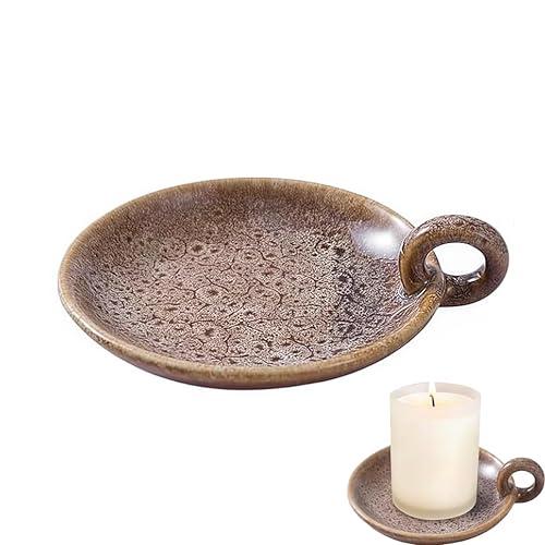 YANGYIXIN Vintage Ceramic Pillar Candle Holder Round Farmhouse Candlestick Holders with Handle, Decorative Incense Tray for Meditation Room, Table Centerpiece & Home Decor (Khaki)