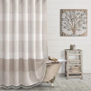 Farmhouse Shower Curtain Taupe Linen Texture Shower Curtains for Bathroom with Striped Tassel 72 X 72 Natural