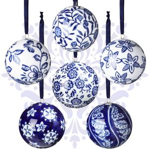 Cindeer 6 Pcs Blue and White Chinoiserie Porcelain Balls 2.4 Inch Porcelain Ornament Bulk New Year Ceramic Hanging Decorative for New Year Chinoiserie Party (Novelty Style)