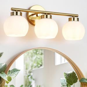 3 Light Bathroom Vanity Light, 20" Brushed Gold Bathroom Light Fixtures Over Mirror with Milky White Glass Globe Shade, Mid Century Modern Brass Wall Sconces, E26 Socket