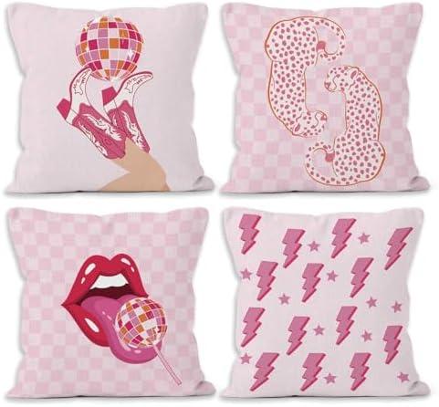 MONALET Hot Pink Preppy Trendy Throw Pillow Covers 18x18 Set of 4, Aesthetic Home Decor Pillow Cases for College Teen Girls Dorm Bedroom, Cowgirl Decorative Square Pillowcases for Couch Sofa Bed
