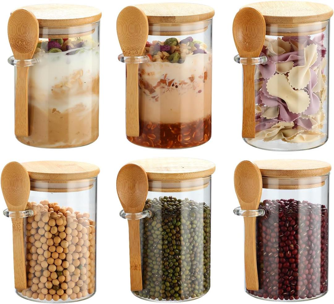 6 Pack Glass Jars with Bamboo Lids and Spoons for Loose Leaf Tea Storage, 17 OZ Overnight Oat Container with Lid and Scoop, Glass Canister Set as Tea Container for Loose Leaf Tea Holder