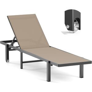 Aluminum Chaise Lounge Chair Outdoor with Wheels, Patio Lounge Chair with Adjustable 5-Position Recliner and Full Flat Tanning Chair for Patio, Beach, Pool, Khaki