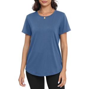 PRIMODA Womens Loose Fit Shirts Casual Short Sleeve Summer Flowy Tunic Tops Plain Long T Shirts (Large, Haze Blue)