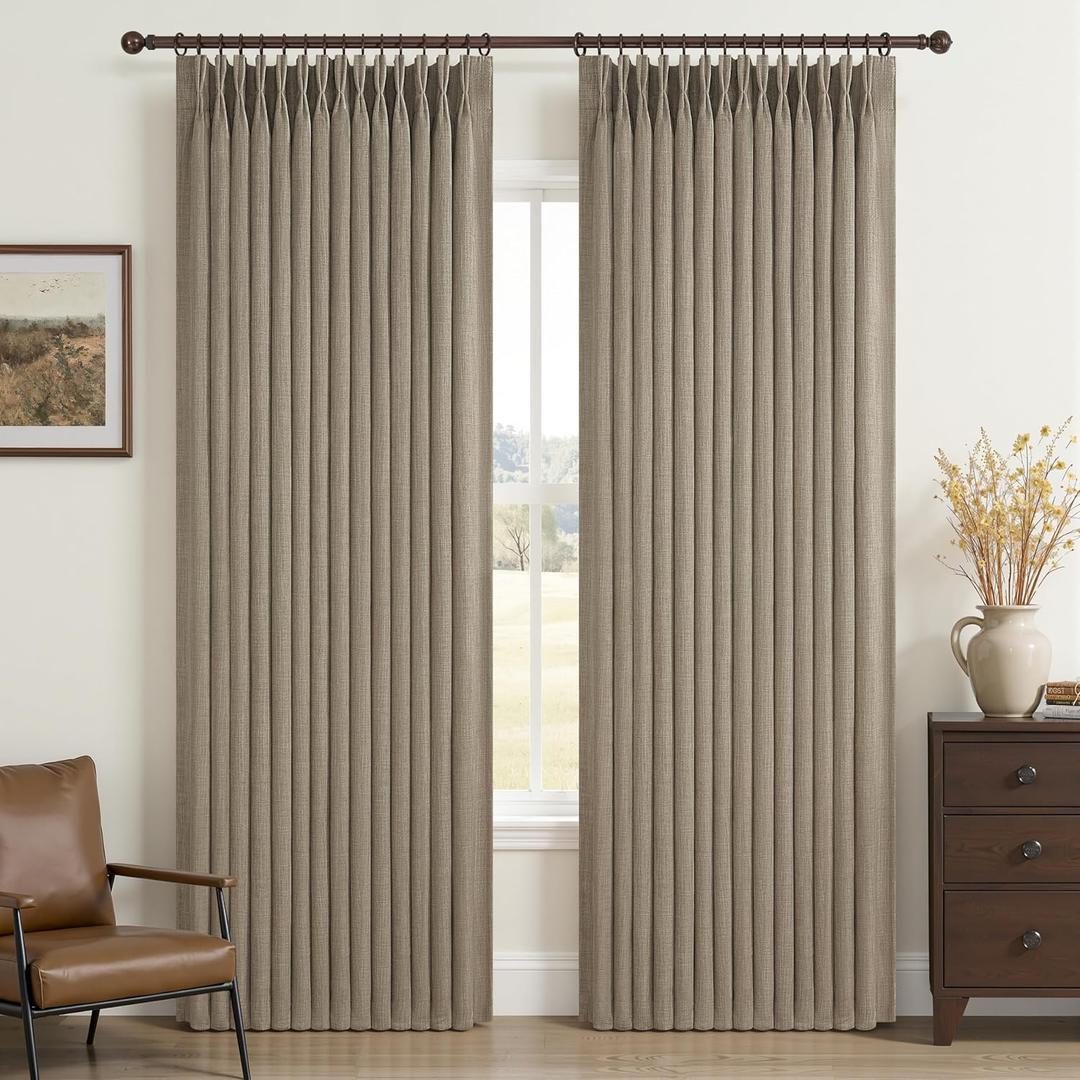 Oak Taupe Thick Linen Dual Layer Classroom Curtains 86 Inches Long 2 Panels Set, Blackout Memory Trained Pinch Pleated Insulated Soundproof Office Elegant Windows Curtain & Drapes 84-86 Inch Length