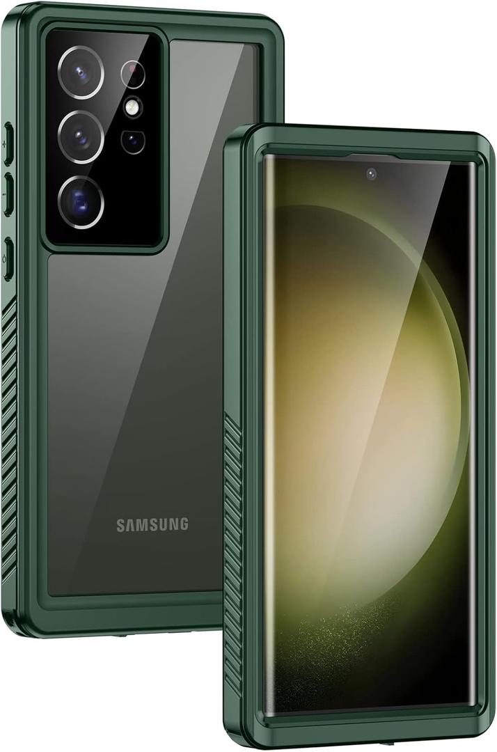 Lanhiem for Samsung Galaxy S23 Ultra Case, IP68 Waterproof Dustproof Case with Built-in Screen Protector, Full Body Protective Phone Cover for Galaxy S23 Ultra 5G 6.8 Inch, Green/Clear